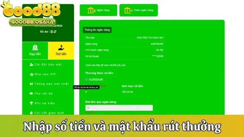 Nhập số tiền và mật khẩu rút thưởng